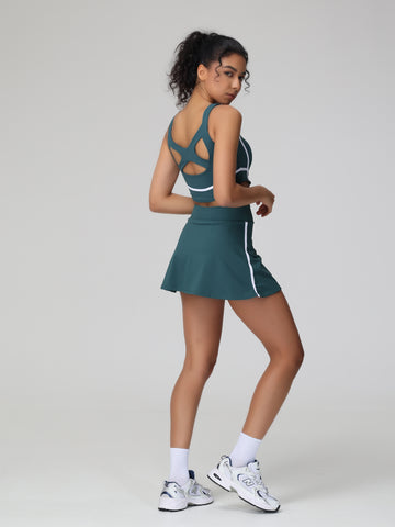 Contrast Piping Back Cross Tennis Skirt Set