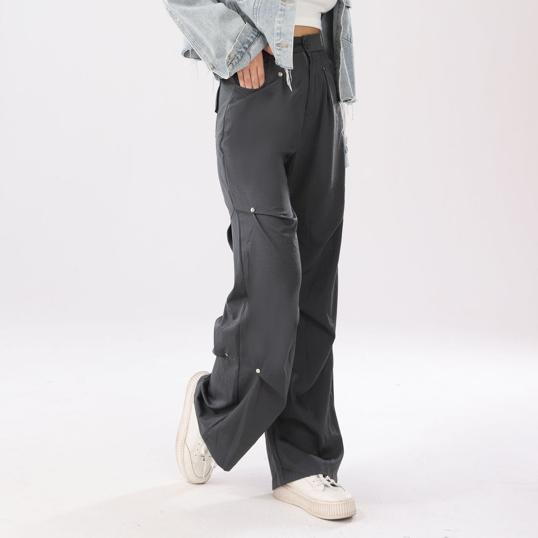 Relaxed Fit Black Snap Utility Trousers