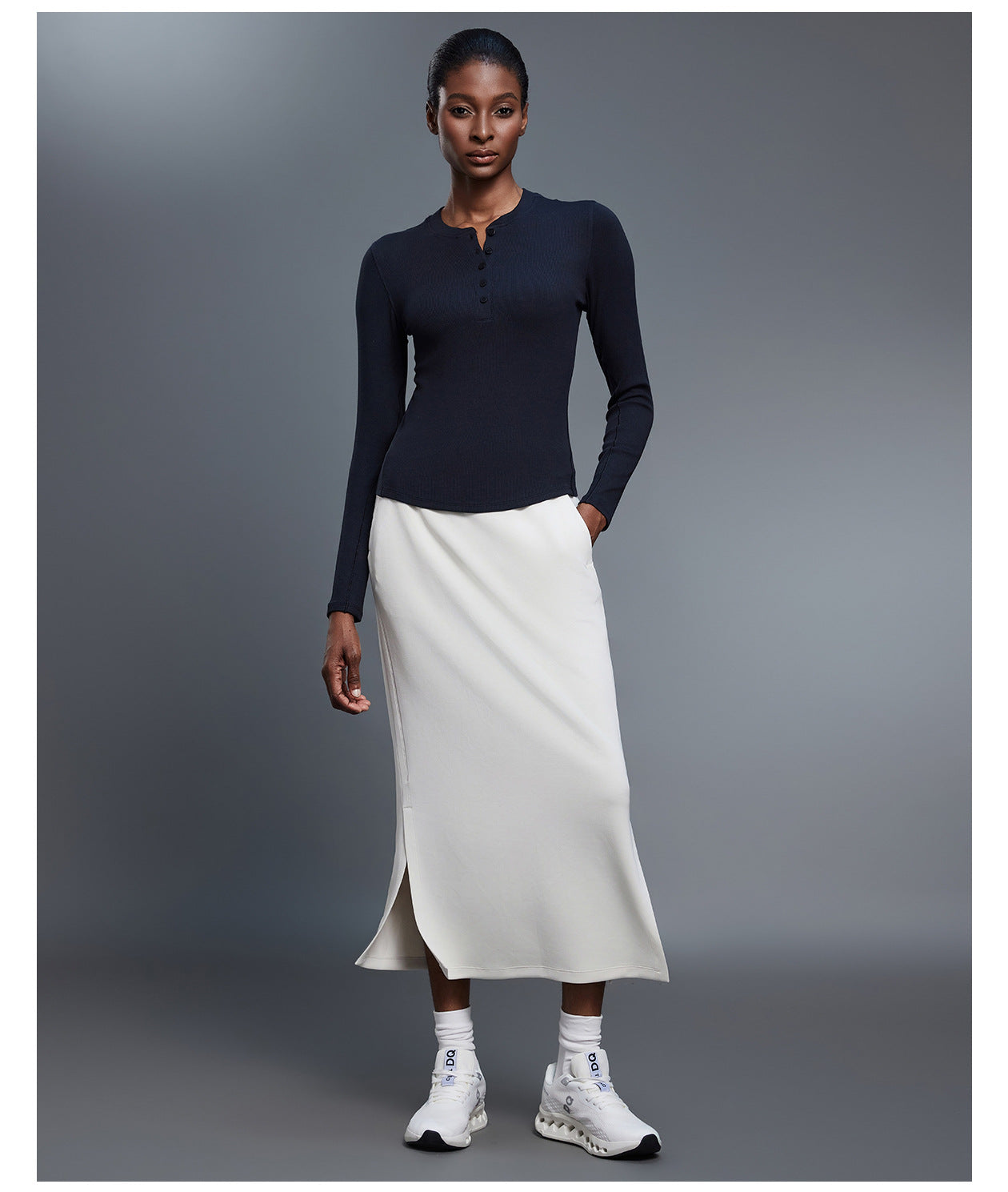 SlimStride High-Waist Side-Slit Midi Skirt