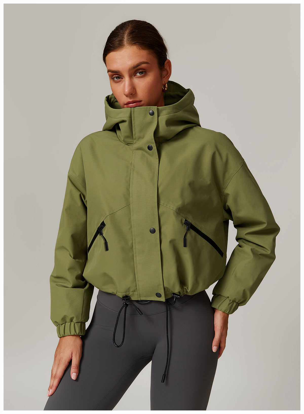 Stand Collar Pockets Hooded Jacket