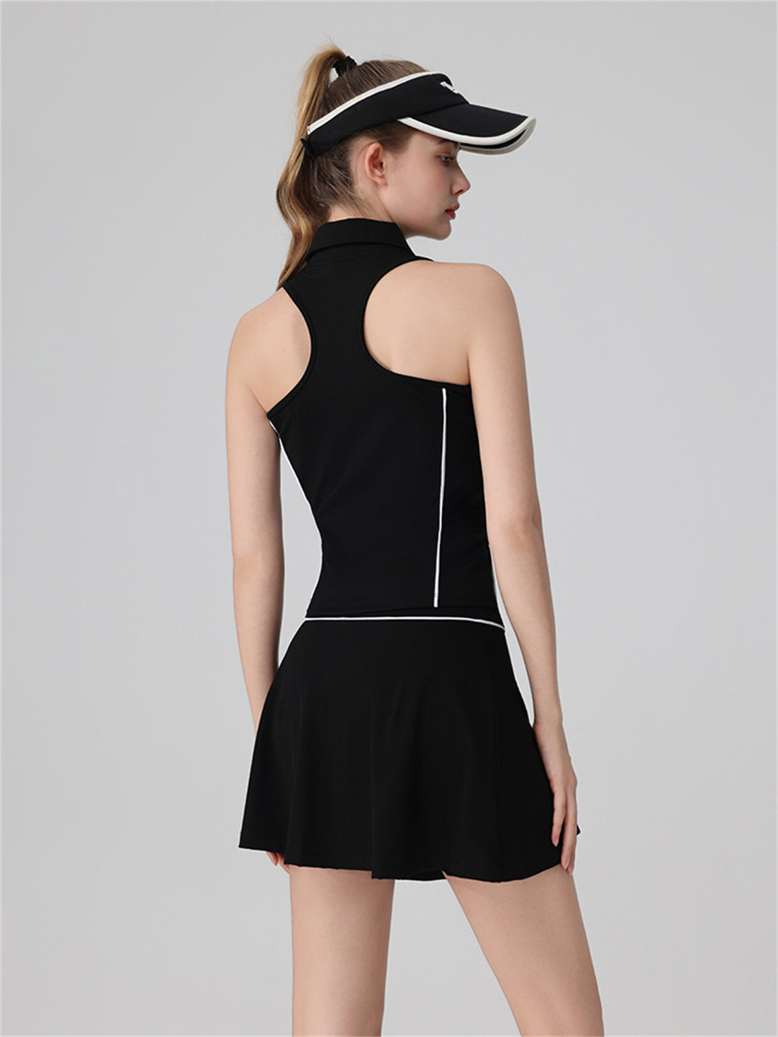 Polo Collar Zip Up Contrast Piping Two Piece Active Skirt Set