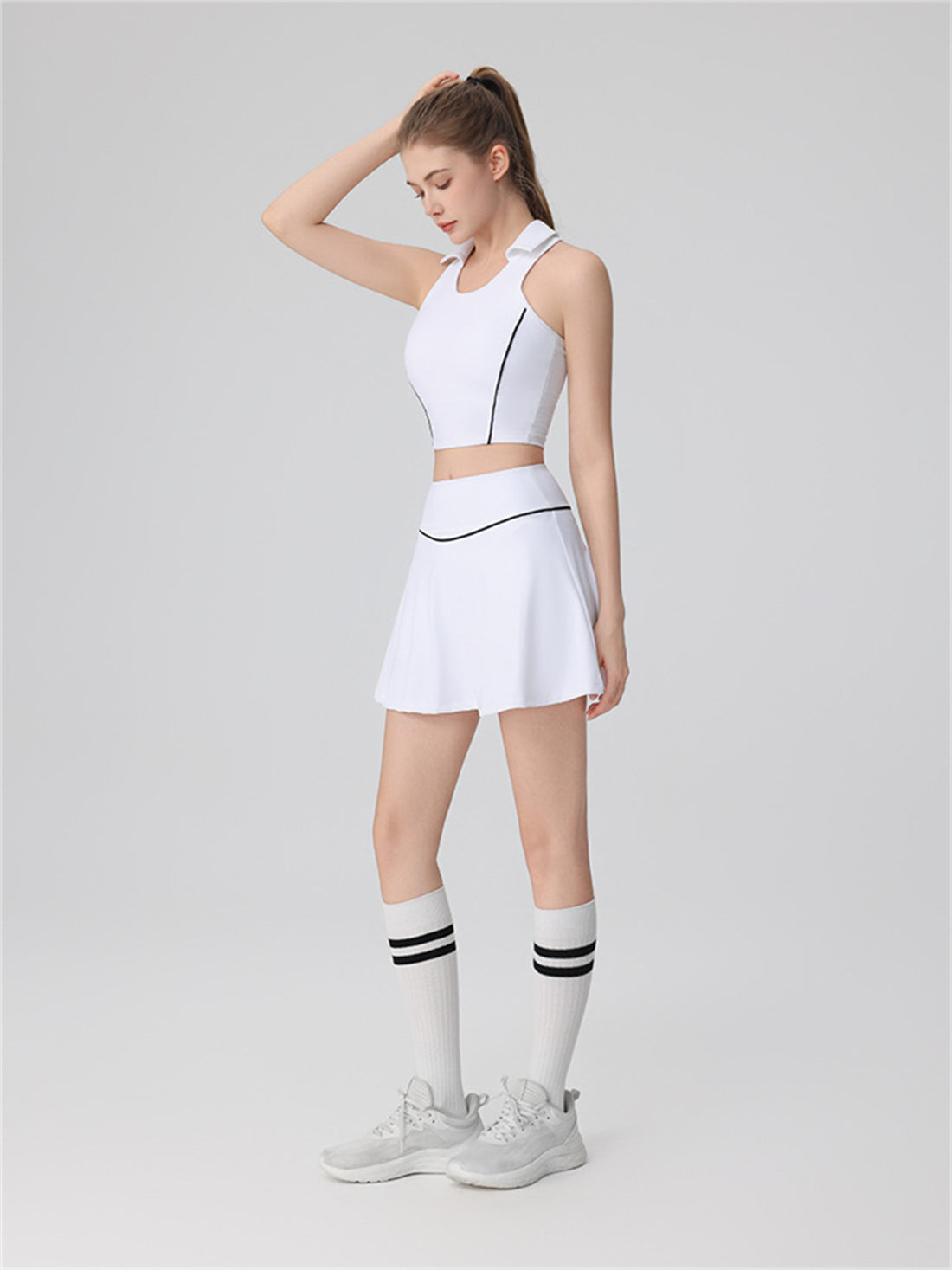 Polo Collar Contrast Piping Two Piece Active Skirt Set